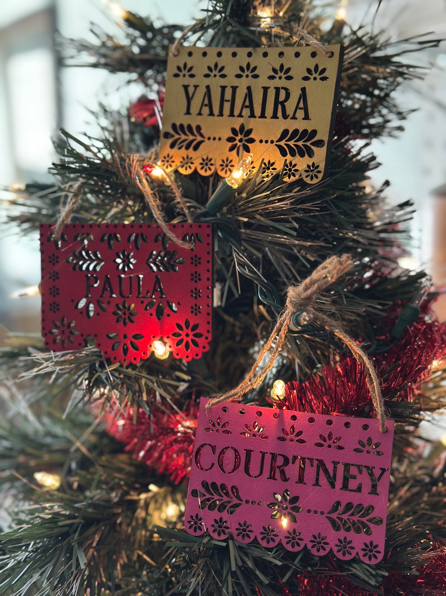 🎄 Custom Papel Picado Style Wooden Christmas Ornaments